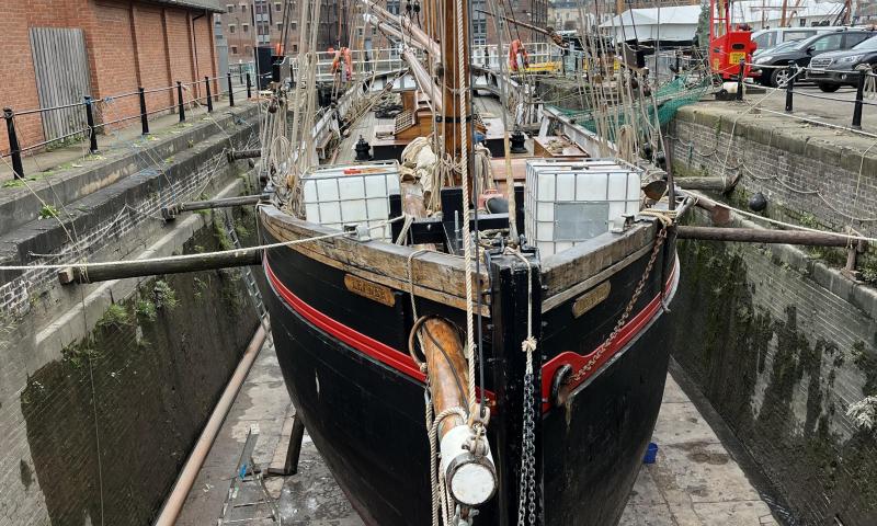 LEADER bow view in dry dock, Gloucester Dec 2023