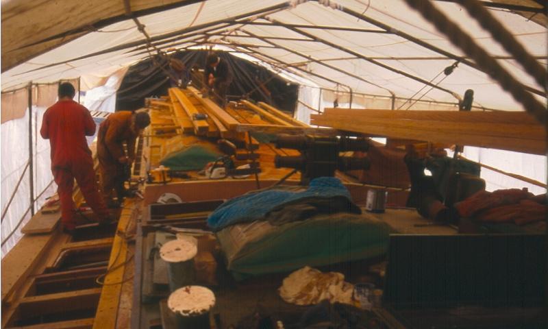 CABBY - undergoing a deck renewal at Faversham Creek, winter 1996. Bow looking aft. Ref: 96/3/5/7