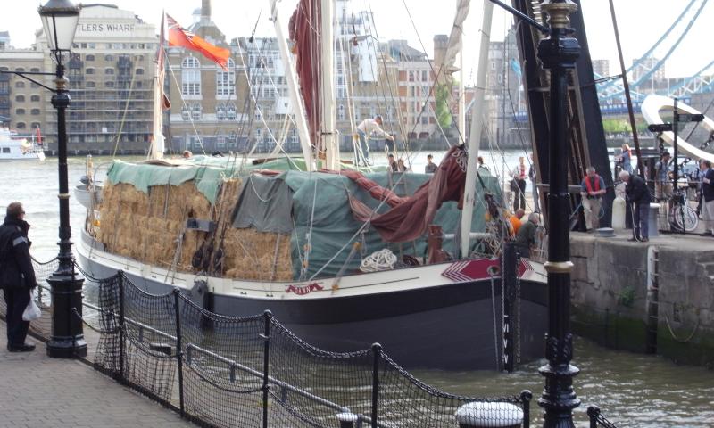 Dawn - loaded with hay, St Katherine Docks, for BBC programme 'Lost Routes of Britain' series