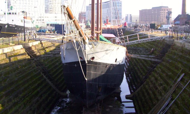 bow view, in dry dock