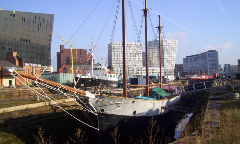 bow view, port side, in dry dock