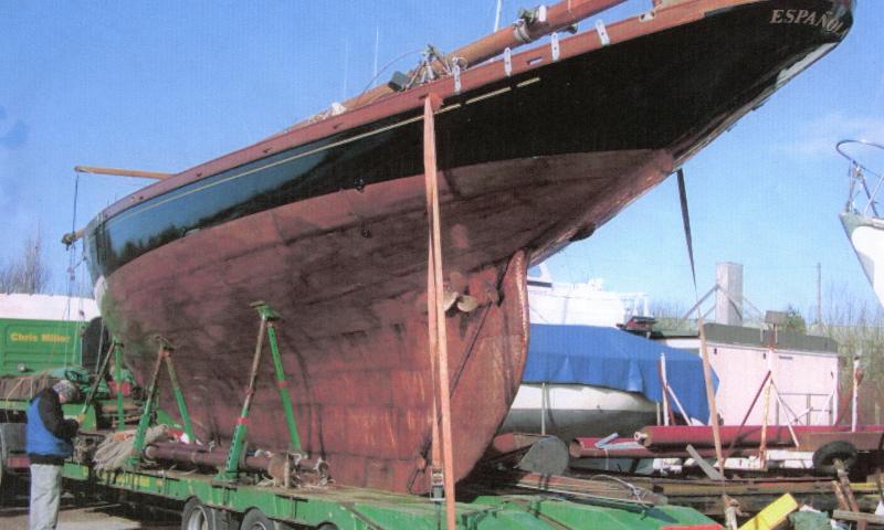 Española - Arrival at Preston Marina after restoration in 2003-4 (showing new copper sheathing)