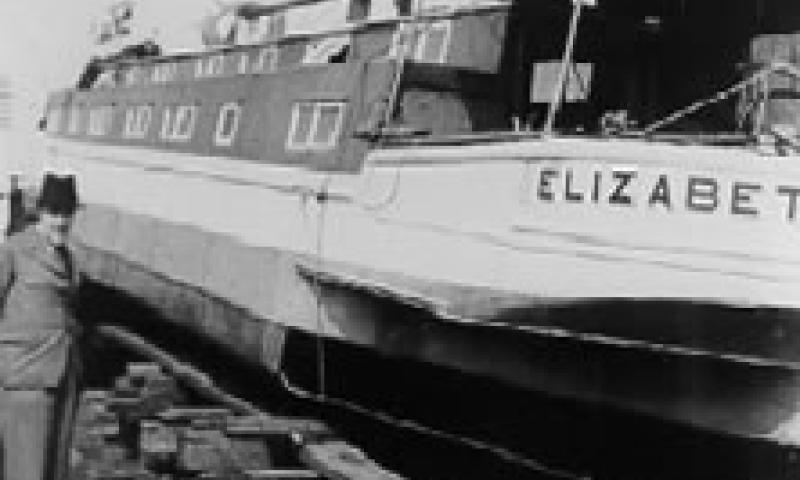 ELIZABTH - on the slip at Lincoln in 1938. Port side from stern quarter looking forward.
