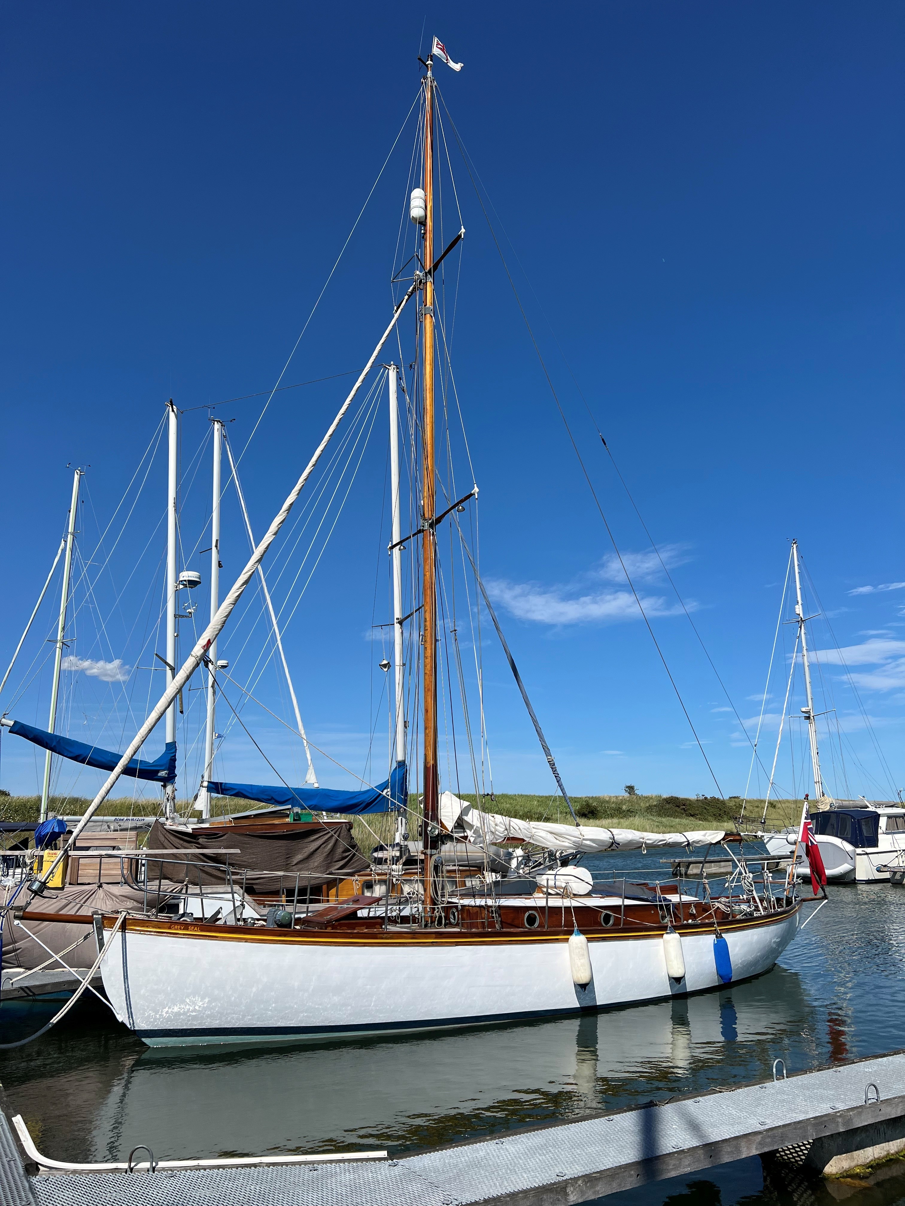 Grey Seal moored, portside view