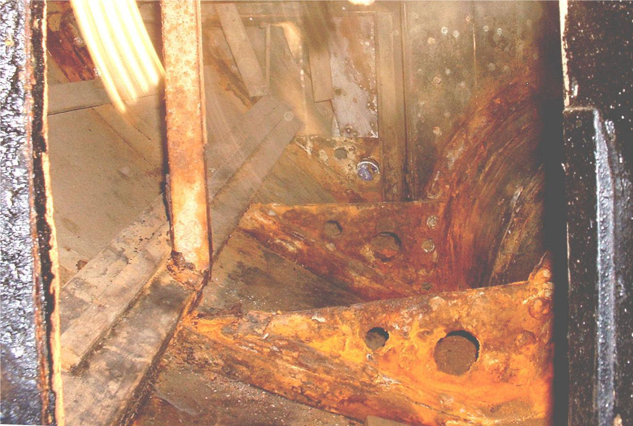 View of the mild steel floors on the starboard side of the propeller tunnel. Most of these floors disintegrated when tapped with a hammer.