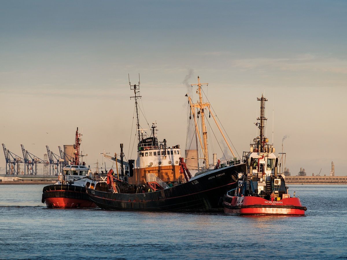 Arctic Corsair being towed to the shipyard for restoration, October 2021