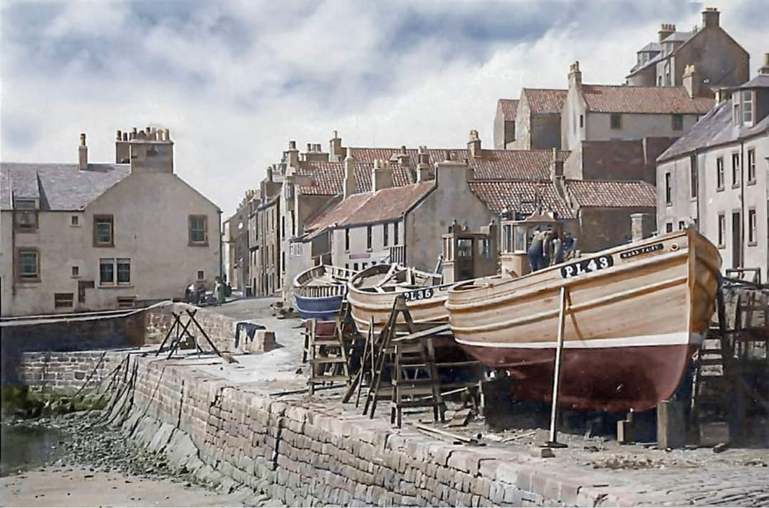 Vintage photo of the Manx Beauty in Cellardyke Harbour - coloured by Greg Davis