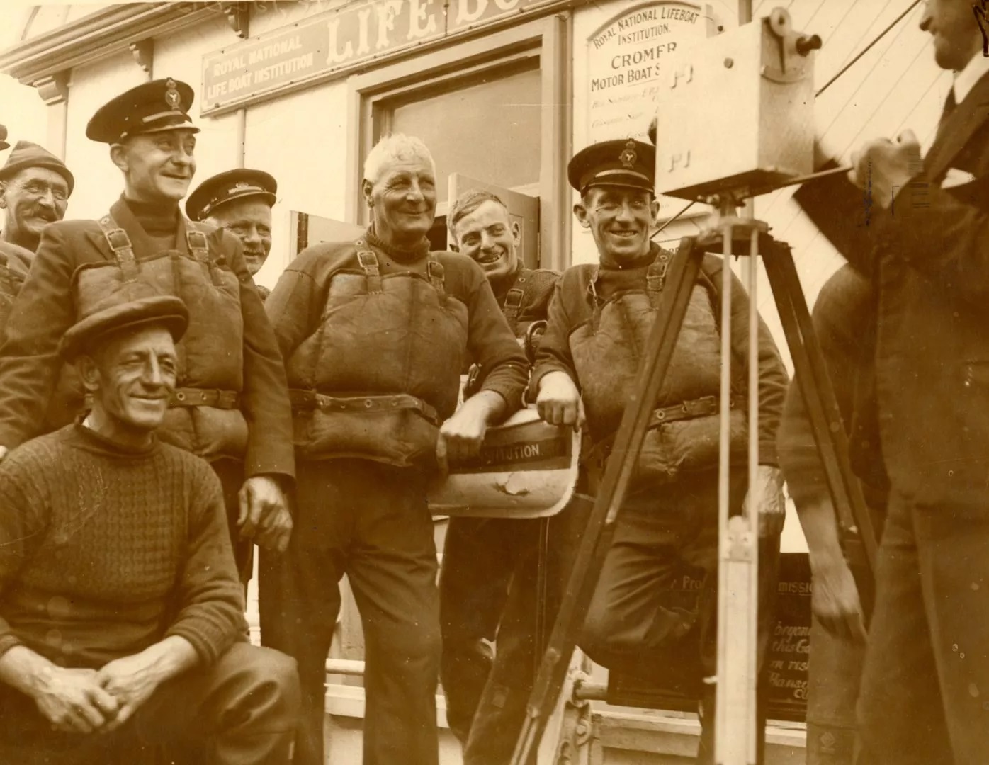 Sepia photo of lifeboat crew circa early 20th century