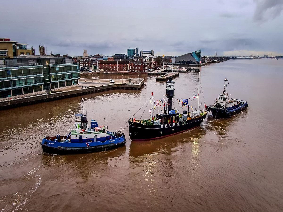 Spurn arriving back at Hull Marina in March 2023 after restoration