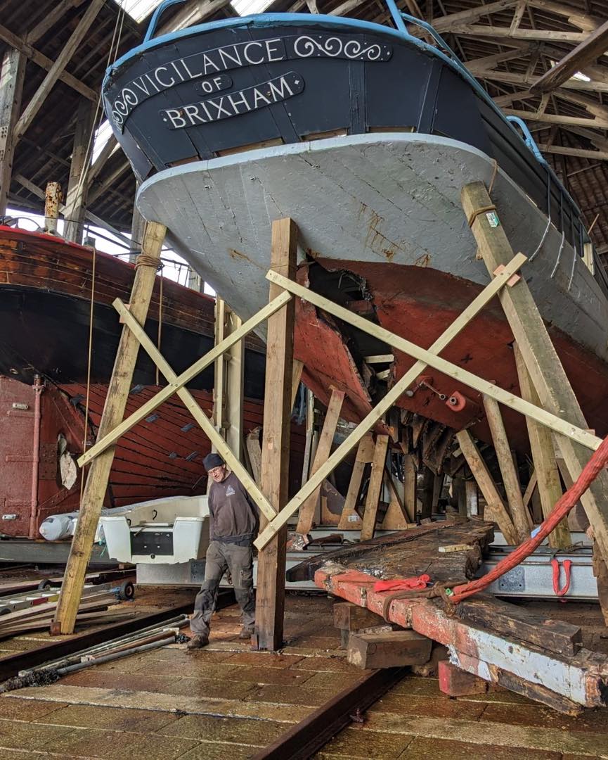 Vigilance under restoration at Stirling & Son Boatyard, May 2023