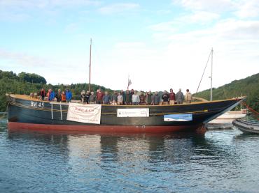 Pilgrim -  relaunched on 30 Aug 2011 leaving dry dock and towed to a mooring at the mouth of Old Mill Creek on the river Dart (above Dartmouth).