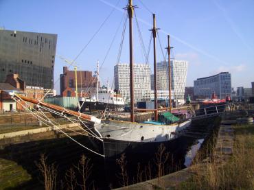 bow view, port side, in dry dock