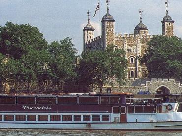 Viscountess - starboard side view, taken from the promotional brochure.  Shows Viscountess on the Thames outside the Tower of London.