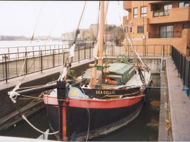 SEAGULL II - at Free Trade Wharf, London, 5 December 1998.  Bow view looking aft.