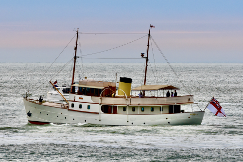 The classic 31.6-meter motor yacht and Dunkirk Little Ship "Blue Bird of 1938", heads out from Ramsgate for a return to the beaches of Dunkirk.