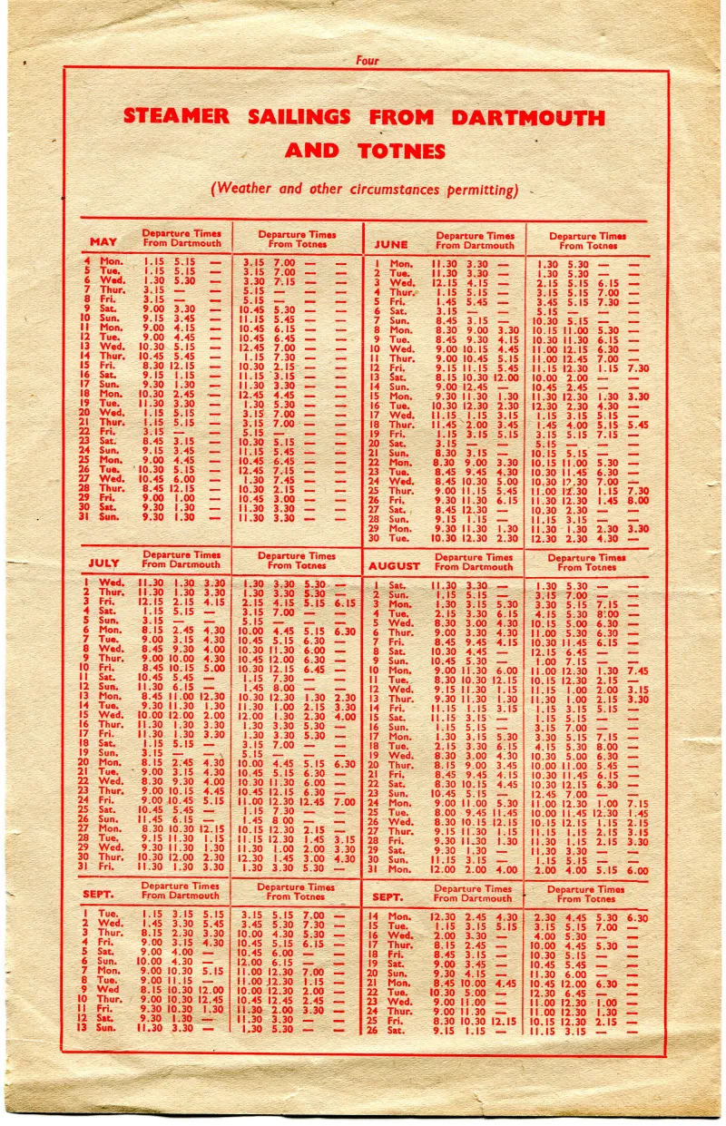 Steamer sailing times from Totnes and Dartmouth, courtesy of Paddle Steamer Preservation Society