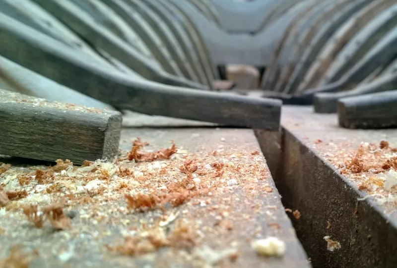 A close up view of wooden shavings in a workshop