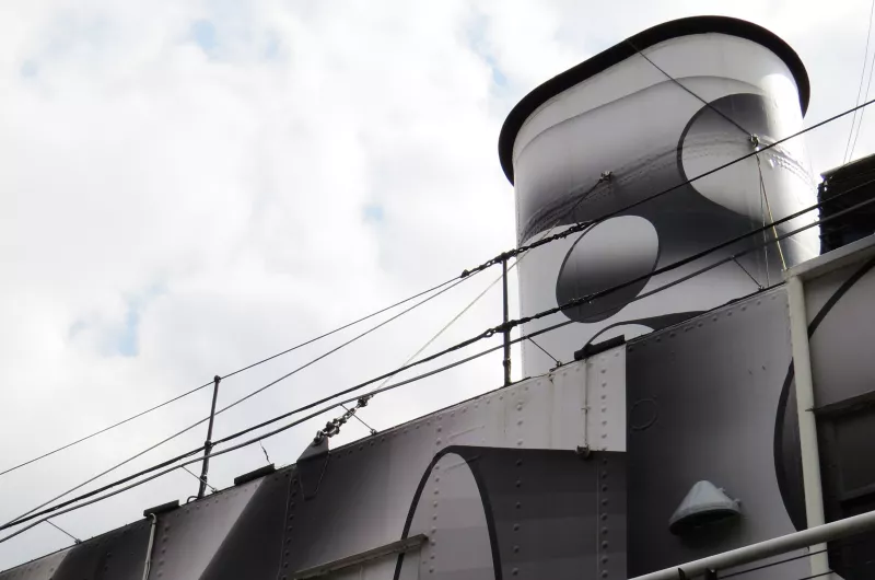 Close up view of the black and white camouflage painting over the vessel