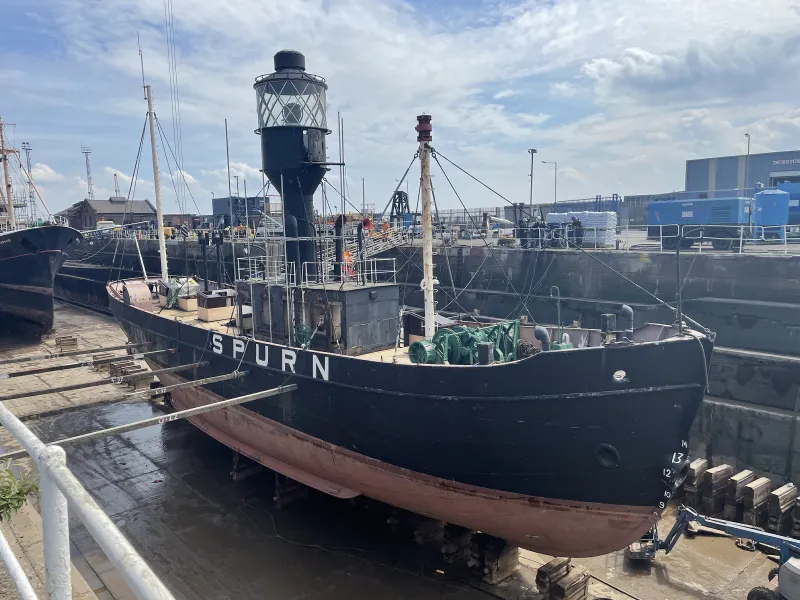 Spurn Lightship in dry dock, starboard bow view