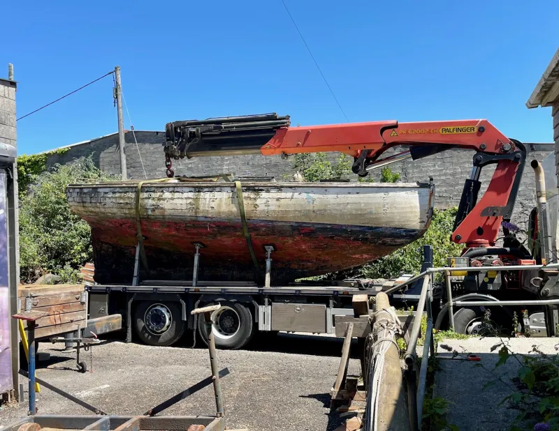 Skipjack being lifted after transport, 2025