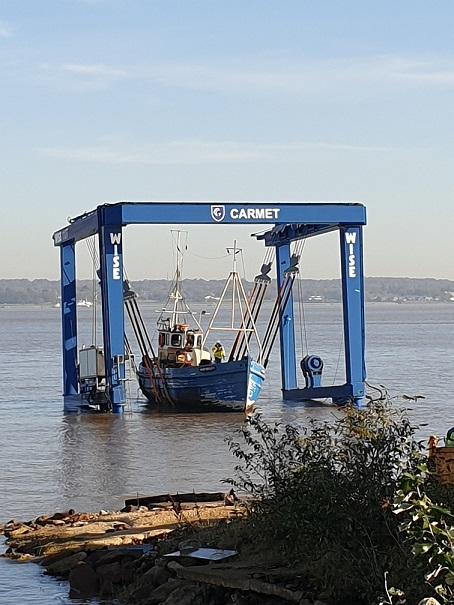 Manx Beauty on boat hoist
