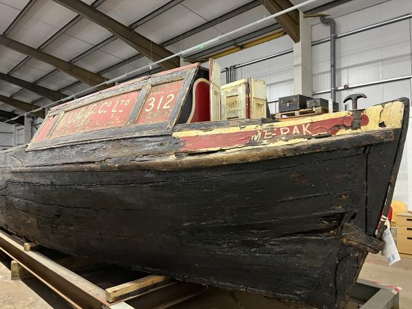 MERAK in secure storage offsite at Ellesmere Port, port quarter view of cabin