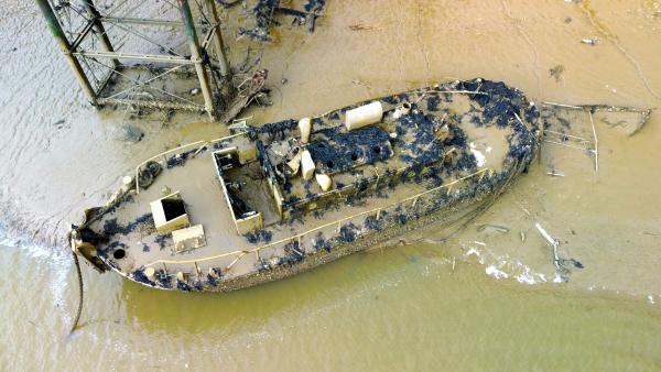 Water Haigh half sunk at Strood Pier Feb 2025