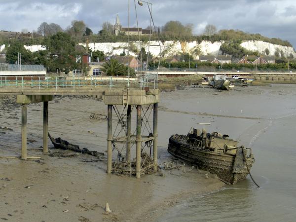 Water Haigh half sunk at Strood Pier Feb 2025
