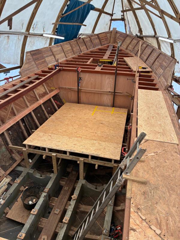 In the boatshed under renovation