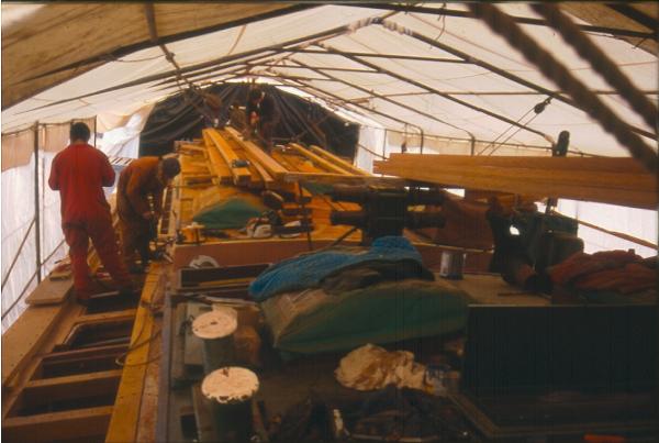 CABBY - undergoing a deck renewal at Faversham Creek, winter 1996. Bow looking aft. Ref: 96/3/5/7
