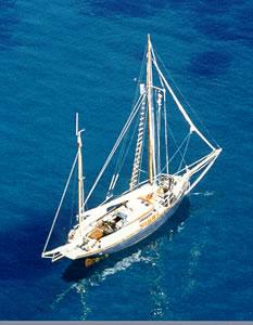 PENELEE - moored, aerial view showing deck arrangement.