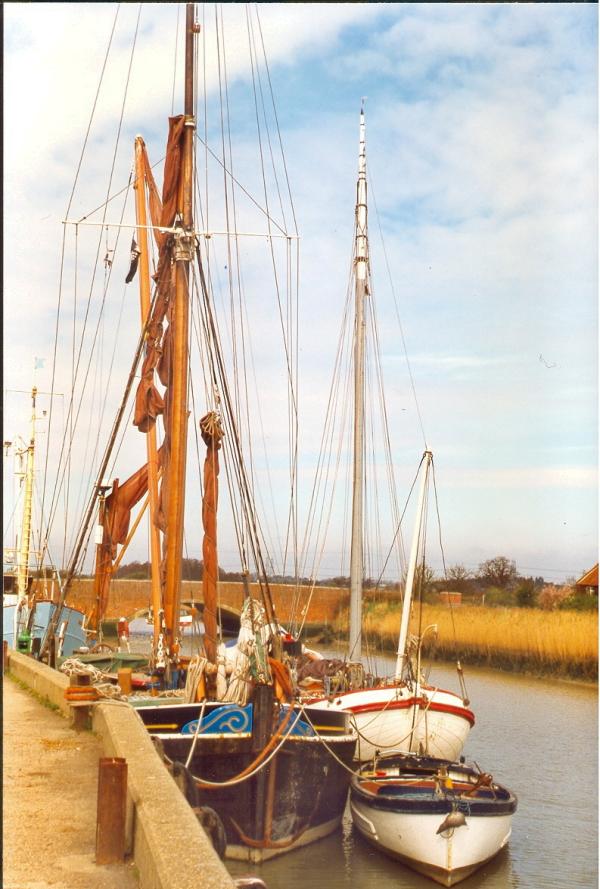 Ethel Ada - at Snape Maltings with Dutch barge alongside. Bow looking aft.