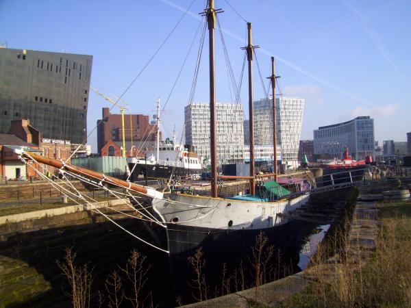 bow view, port side, in dry dock