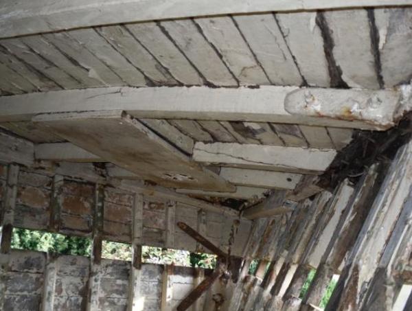 Terrier - interior fwd. Stringers and plank removed each side, plus damage to beamshelf