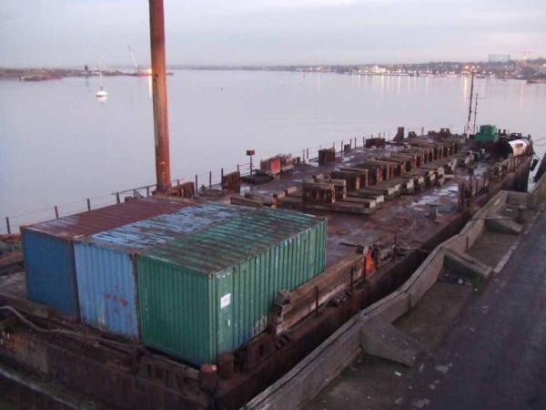 Pontoon PORTAL NARVIK prepared to receive JOHN H AMOS for restoration