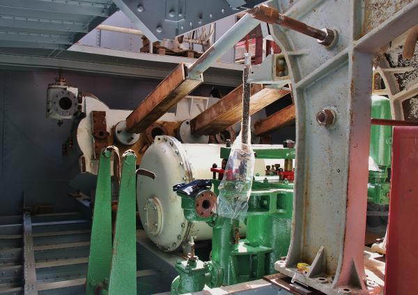Medway Queen - engine room viewed from below showing cylinder block, condenser, air pump and part A frames in position