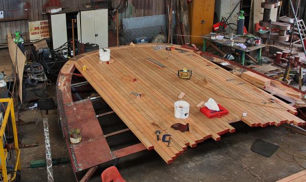 Medway Queen - pre-fabrication of the counter in the workshop inc laying of deck timber
