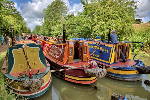 Colourful narrow boats on display at Braunston on the Grand Union Canal