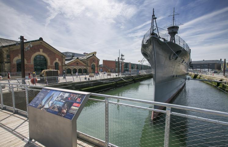 HMS Caroline moored - bow view