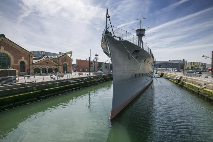 HMS Caroline moored - bow view