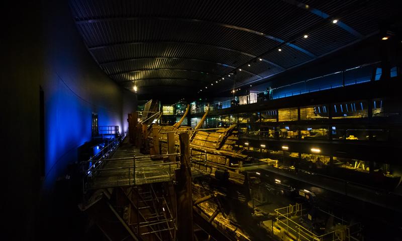 Starboard view of Mary Rose and Context Galleries in museum