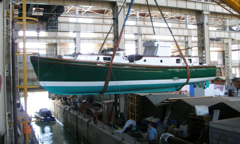 Green Parrot being lifted back into the water after refit 2006