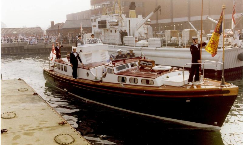 Queen & Duke of Edinburgh onboard Green Parrot at HMS Vernon 1976