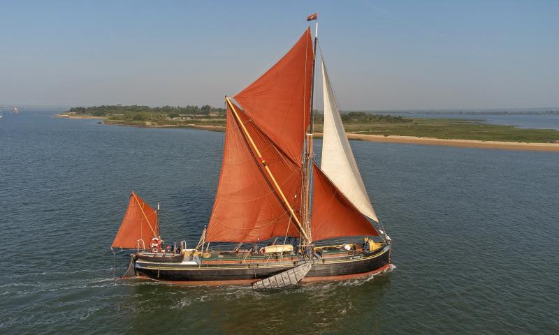Sailing Barge Centaur under sail, aerial view of stbd side