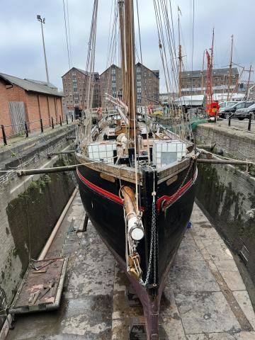 LEADER bow view in dry dock, Gloucester Dec 2023