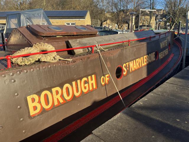 White Heather showing stbd hull detail and butterfly hatch above original engine location