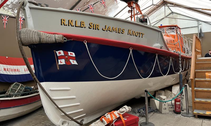 Sir James Knott port bow view in storage shed