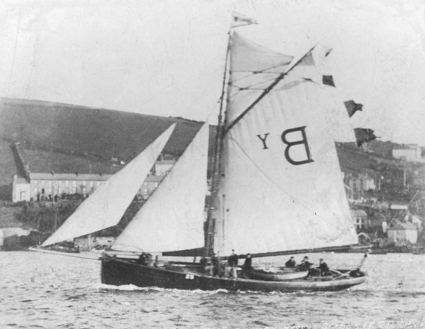 Cornubia - leaving the river on her way to begin work for the first time - Polruan in the background