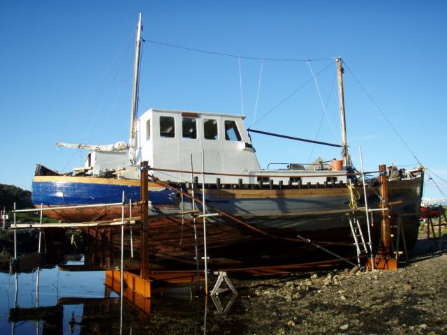 Black Cat II - in the cradle on the beach in Tarbert at Battery Point