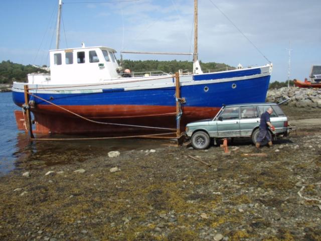 Black Cat II - in the cradle on the beach in Tarbert at Battery Point